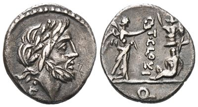 T. Cloulius (or Cloelius), Quinarius, 98 Bc; Ar (1,84 G; 14,8 MM; 6 H)