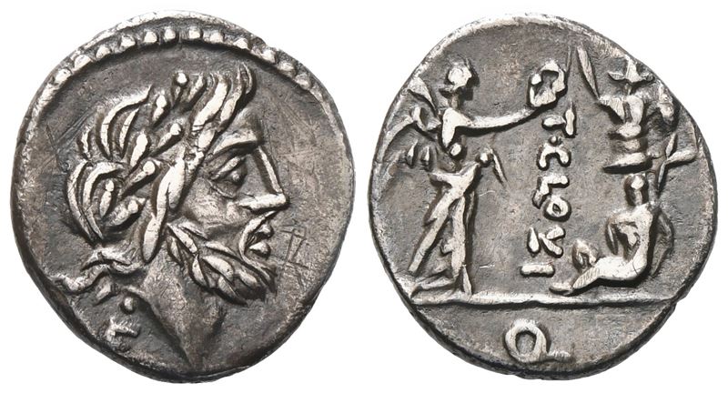 T. Cloulius (or Cloelius), Quinarius, 98 Bc; Ar (1,84 G; 14,8 MM; 6 H)