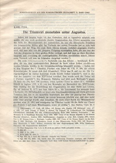 PINK K., Die triumviri monetales unter Augustus. Wien, 1946, pp. 113-125, brossura