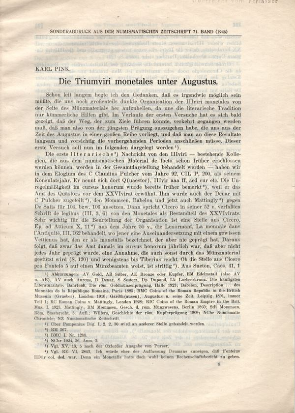 PINK  K. -  Die triumviri monetales unter Augustus. Wien, 1946. pp. 113 - 125. brossura ed. buono stato, raro.