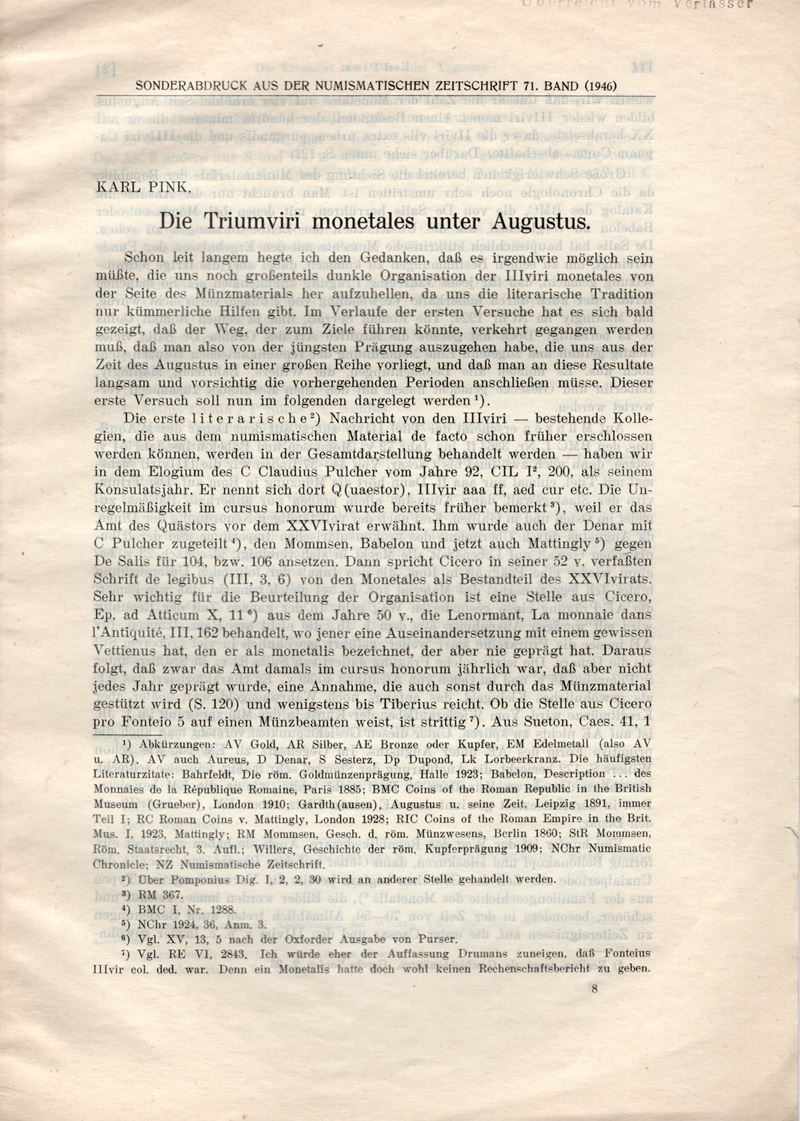 PINK K., Die triumviri monetales unter Augustus. Wien, 1946, pp. 113-125, brossura