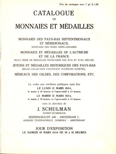 Schulman J., Catalogue monnaies et medailles - Amsterdam, 12-13 Marzo 1934