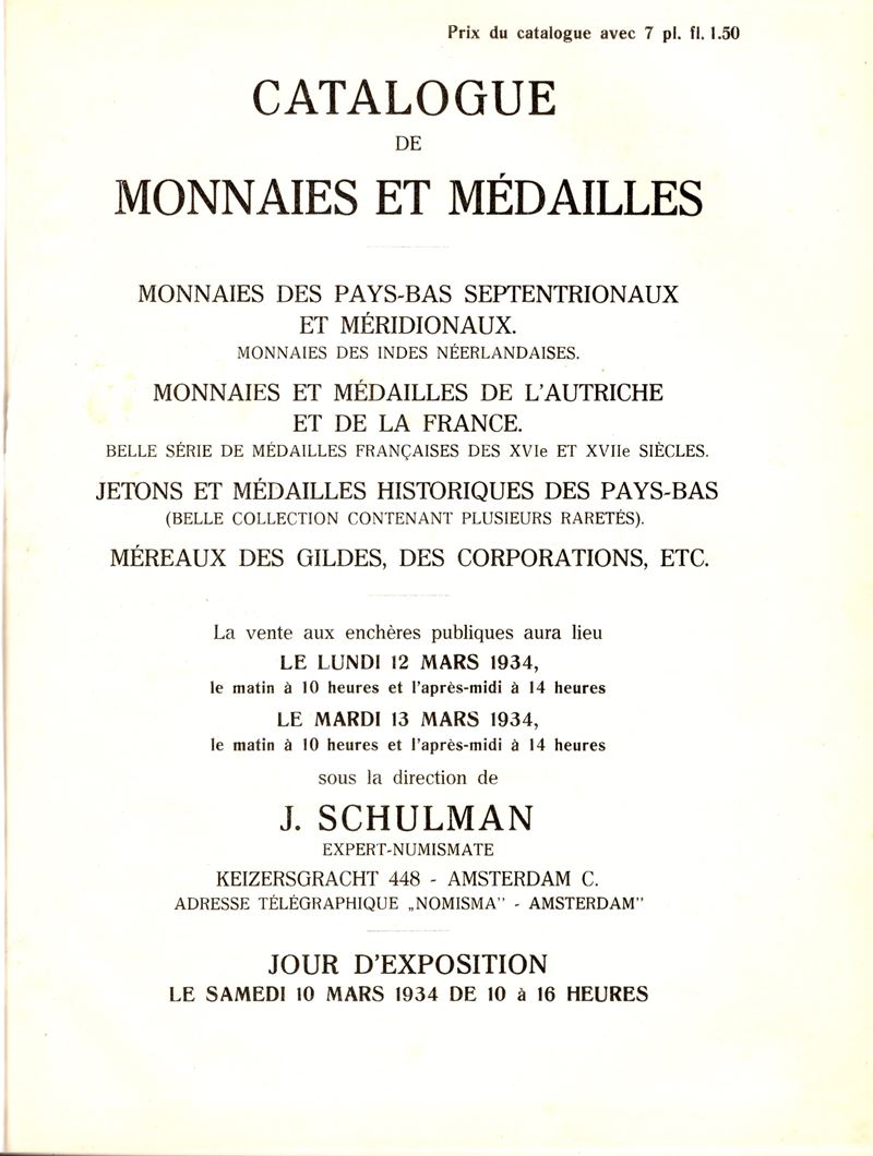 Schulman J., Catalogue monnaies et medailles - Amsterdam, 12-13 Marzo 1934