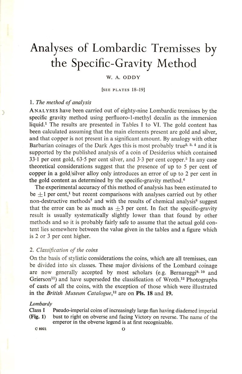 Oddy W. A. - Analyses Of Lombardic Tremisses By The Specific-gravity Method. London, 1972. Pp 193...