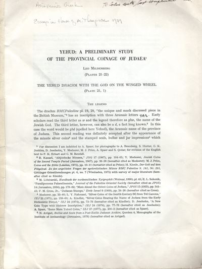Mildenberg L., Yehud: A Preliminary Study of the Provincial Coinage of Judaea. The Yehud Drachm w...