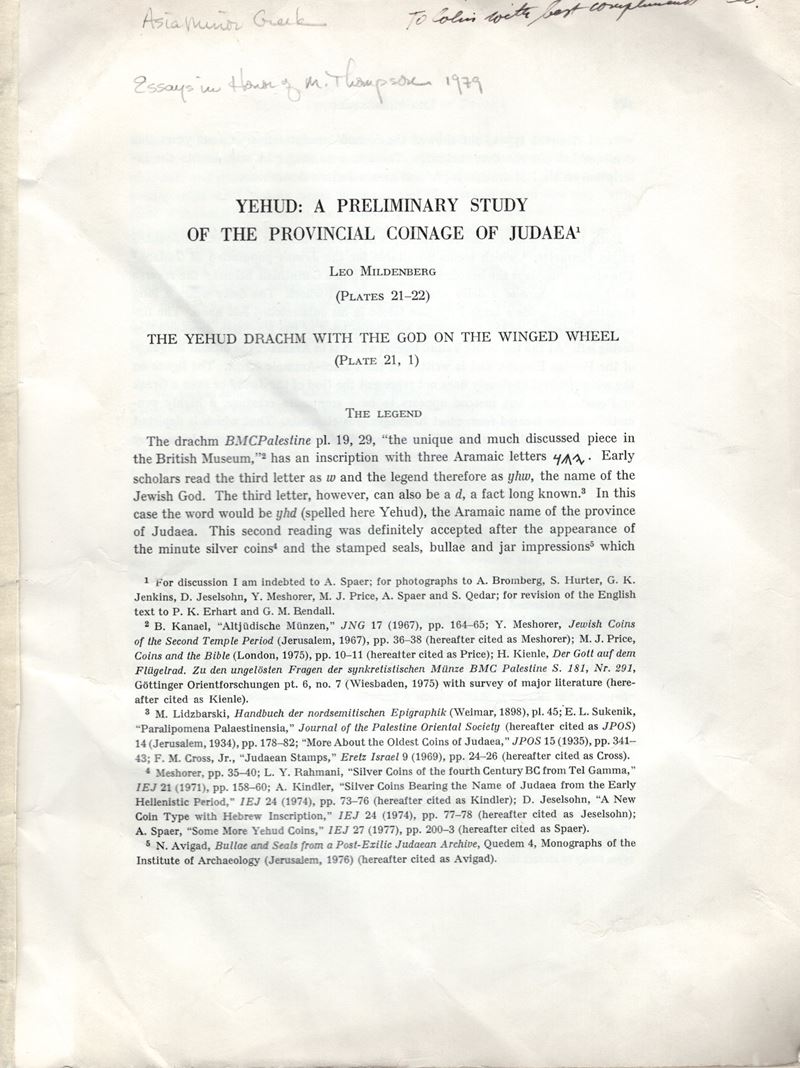 Mildenberg L., Yehud: A Preliminary Study of the Provincial Coinage of Judaea. The Yehud Drachm w...