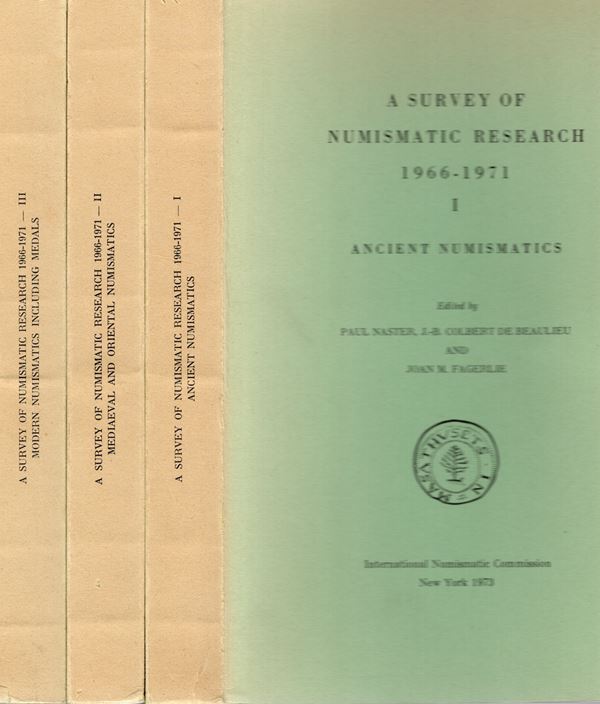 AA. -VV. - A survey of numismatic research 1966-1971. Inernational Numismatic Commision. New York, 1973. 3 volumi completo. I - Ancient numismaitcs. II - Medieval and Oriental numismatics. III - Moder