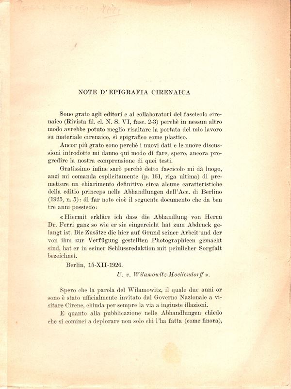 FERRI Silvio - Note di epigrafia cirenaica. Roma, 1929. pp 381 - 400, i carta grande ripiegata, brossura ed. buono stato, raro.
