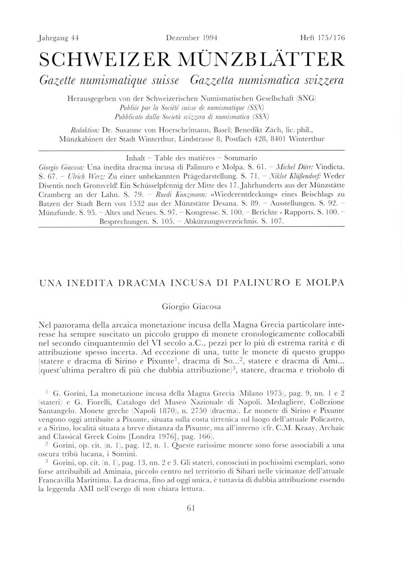 GIACOSA Giorgio, Una dracma incusa inedita di Palinuro e Molpa