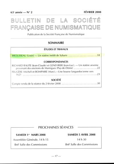 BROUSSEAU Louis, Un statere inedit de Sybaris