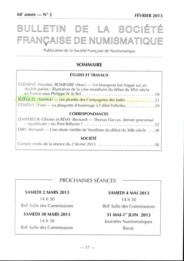 JEZEQUEL Yannick - Les plomb des Compagnies des Indes. Paris, 2013. pp 21-28, tavole, 3. brossura ed. ottimo stato.