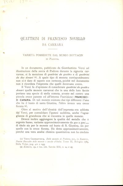 Rizzoli Luigi Jun. - Quattrini di Francesco Novello da Carrara. Varietà Possedute dal Museo Botta...