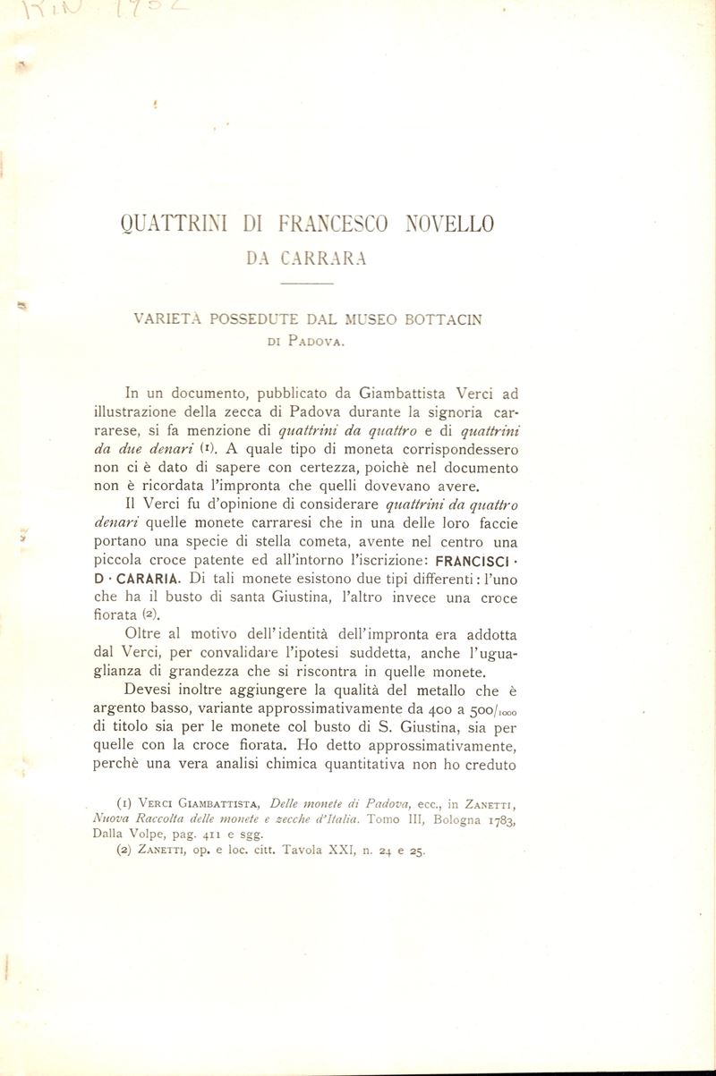 Rizzoli Luigi Jun. - Quattrini di Francesco Novello da Carrara. Varietà Possedute dal Museo Botta...