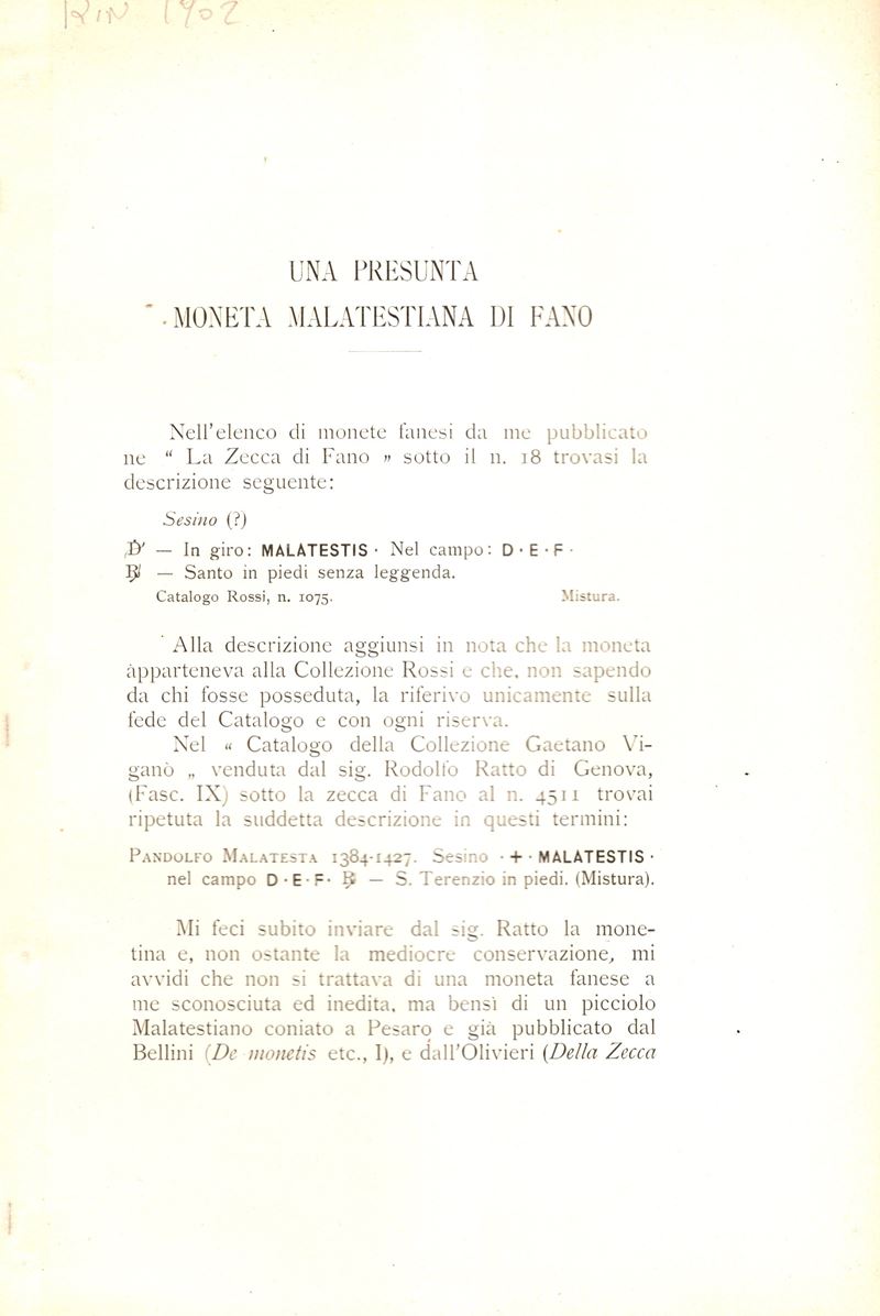 Castellani G., Una presunta moneta malatestina di Fano, 1902