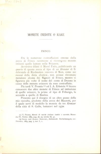 CIANI Giorgio, Monete inedite o rare. Frinco, Cisterna, Tresana, Urbino