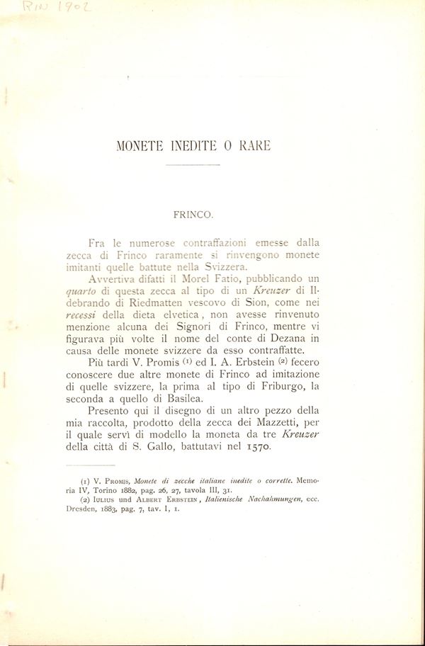 CIANI Giorgio - Monete inedite o rare. Frinco, Cisterna,Tresana, Urbino. Brossura ed. buono stato, raro.