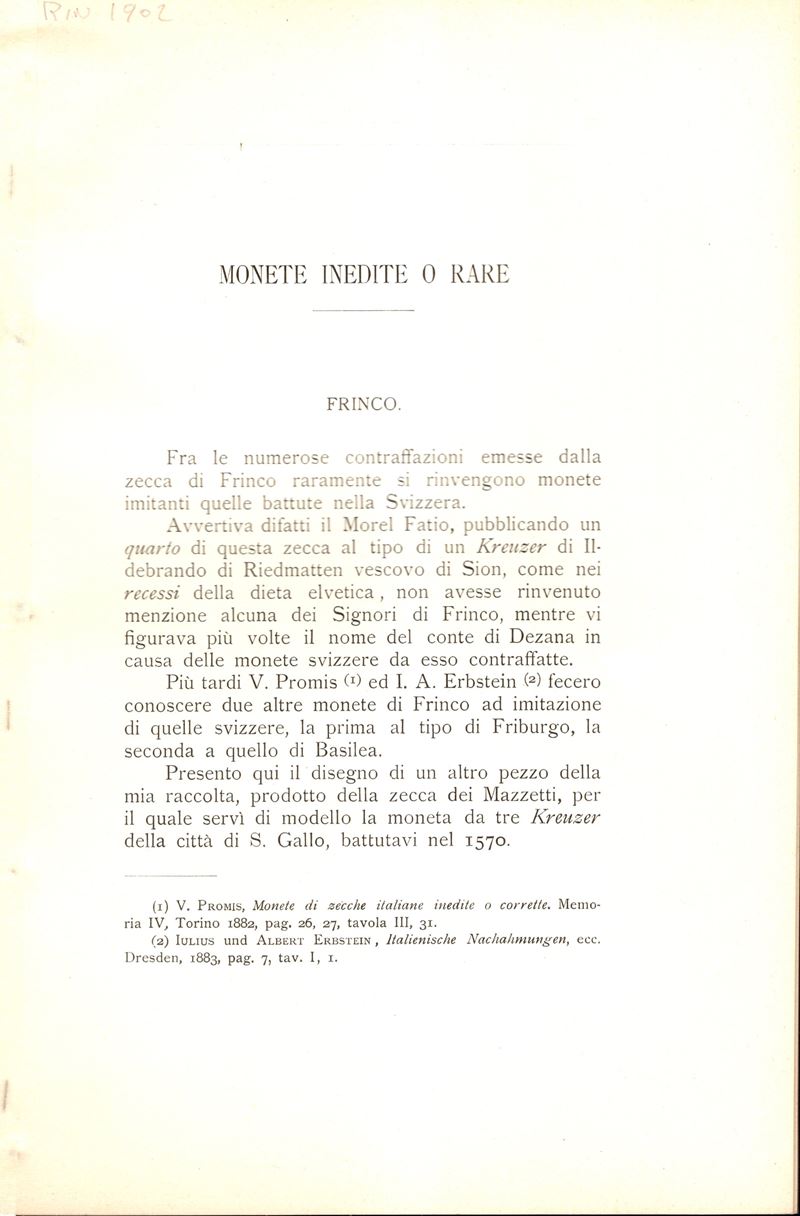 CIANI Giorgio, Monete inedite o rare. Frinco, Cisterna, Tresana, Urbino