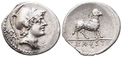 L. Rustius, Denarius, Rome, 76 Bc; Ar (3,90 G; 18,8 MM; 6 H)