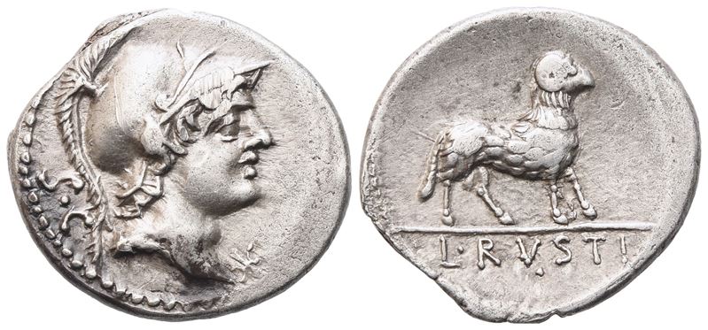 L. Rustius, Denarius, Rome, 76 Bc; Ar (3,90 G; 18,8 MM; 6 H)
