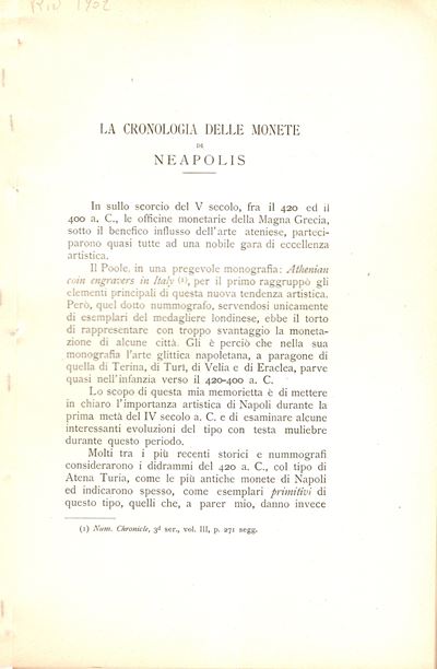 SAMBON Arturo, La cronologia delle monete di Neapolis, Milano, 1902