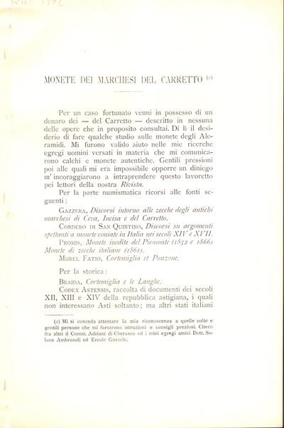 Gavazzi Giuseppe, Monete dei Marchesi del Carretto - Milano, 1902