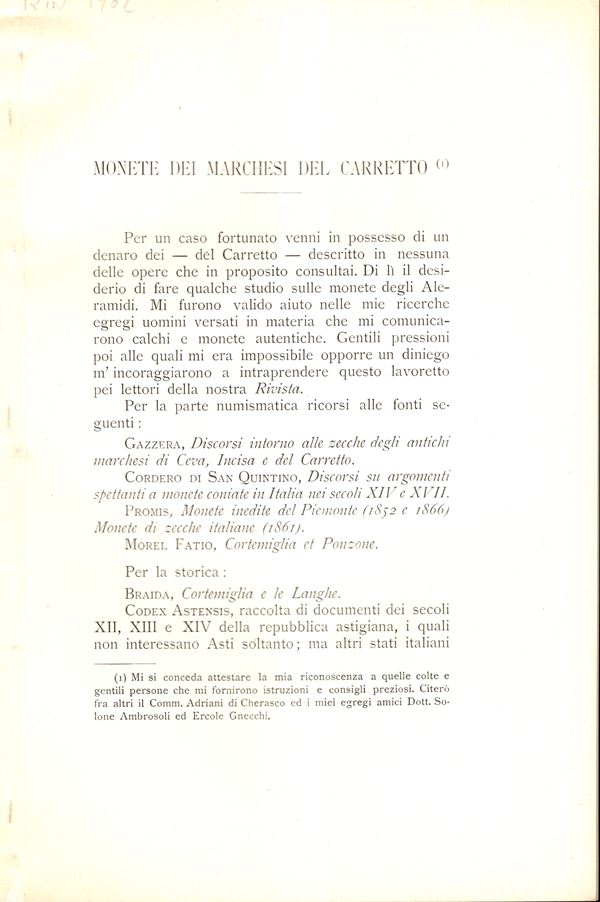 GAVAZZI Giuseppe - Monete dei Marchesi del Carretto. Milano, 1902. pp 67-85, illustrazioni nel testo. Brossura ed. buono stato, importante e raro.
