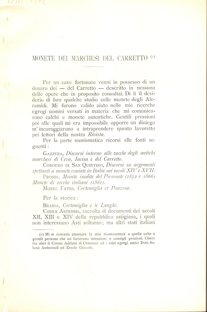 Gavazzi Giuseppe, Monete dei Marchesi del Carretto - Milano, 1902