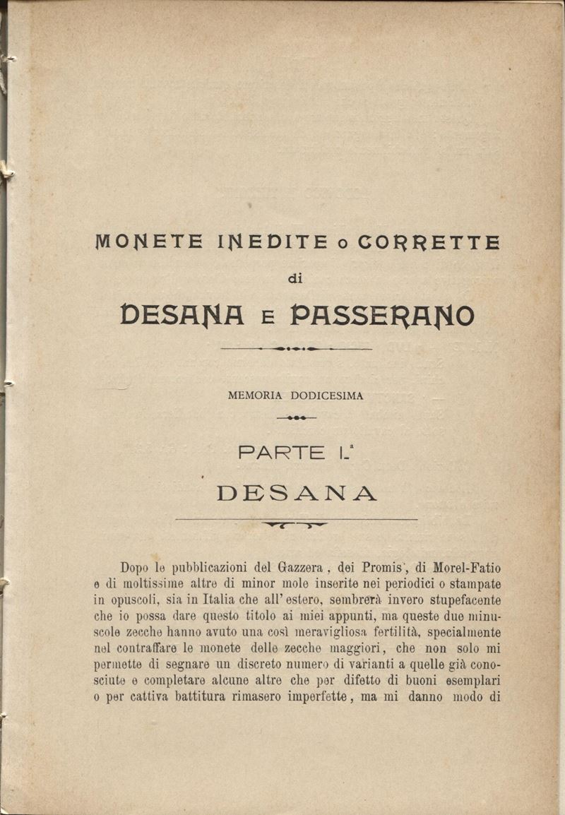 GRILLO G., Monete inedite o corrette di Desana e Passerano, Milano 1907