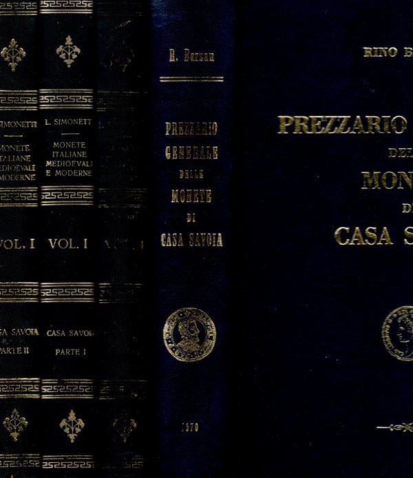 SIMONETTI  Luigi – Monete italiane medioevali e moderne.  Casa  Savoia. 3 volumi completo. +1 volume del  Prezzario del BARZAN Ravenna, 1967\69. Pp.483, + ill.  pp. 389, + ill. pp. 437, + ill. Legatur