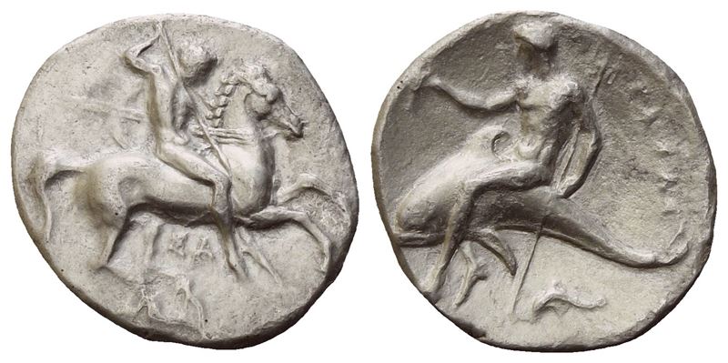 Calabria, Tarentum, Nomos, c. 332-302; AR (7,62 g; 21 mm; 9 h)