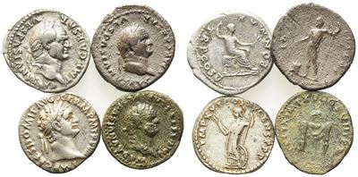 Monete romane imperiali, lotto di 4 esemplari (Vespasiano–Domiziano)