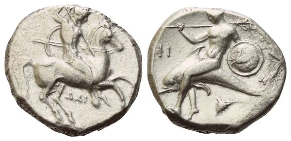 Calabria, Tarentum, Nomos, c. 332-302; AR (7,87 g; 19,4 mm; 12 h)