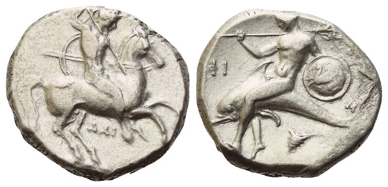 Calabria, Tarentum, Nomos, c. 332-302; AR (7,87 g; 19,4 mm; 12 h)