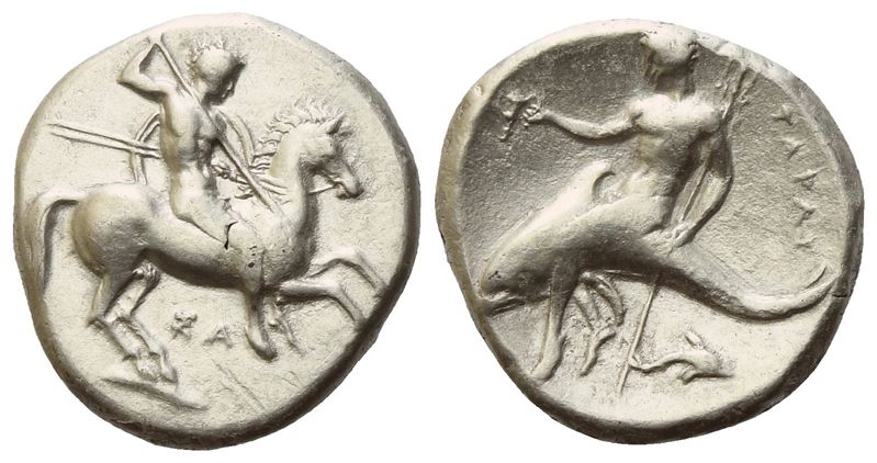 Calabria, Tarentum, Nomos, c. 332-302 BC; AR (7,79 g; 21 mm; 9 h)