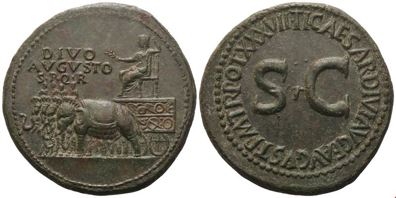 Divus Augustus (died 14), Sestertius struck under Tiberius, Rome, 35-36; Æ (28,58 g; 35,5 mm; 6 h...