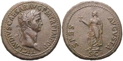 Claudius (41–54), Sesterzio romano, testa laureata al diritto; Spes che avanza