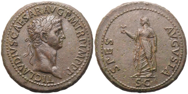 Claudius (41–54), Sesterzio romano, testa laureata al diritto; Spes che avanza