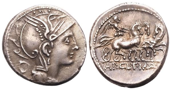 Appius Claudius Pulcher, T. Manlius Mancinus and Q. Urbinius, Denarius, Rome, 111 or 110 BC; AR (3,93 g; 17 mm; 1 h)