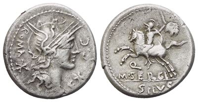 M. Sergius Silus, Denarius romano (AR), Roma, 116–115 a.C.