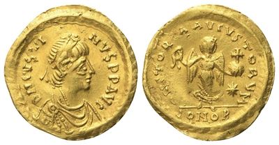 Justin I (518-527), Tremisse (Constantinopolis), oro (AV)
