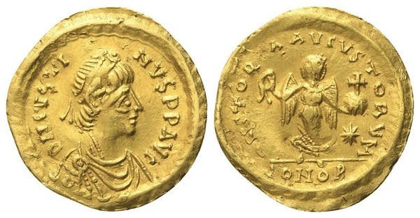 Justin I (518-527), Tremissis, Constantinopolis; AV (1,50 g; 15,2 mm; 6 h)