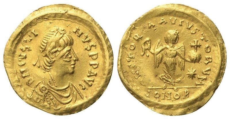 Justin I (518-527), Tremisse (Constantinopolis), oro (AV)