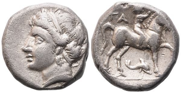 Calabria, Tarentum. Campano-Tarentine series. Circa 281-272 BC. AR Nomos (7,07 g; 19,2 mm; 9 h)
