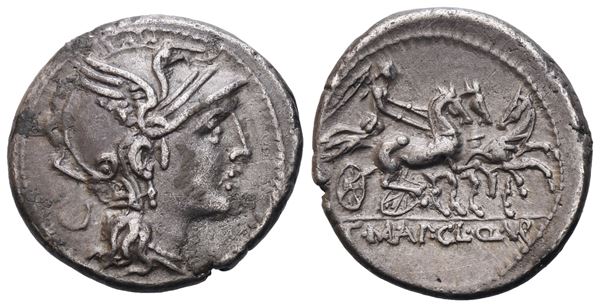 Ap. Claudius Pulcher, T. Manlius Mancinus and Q. Urbinius, Denarius, 111-110 BC; AR AR (3,92 g; 18,6 mm; 10 h)