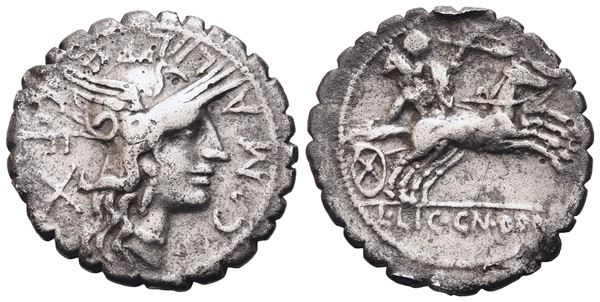 L. Licinius Crassus and Cn. Domitius Ahenobarbus with C. Malleolus, Denarius Serratus, 118 BC; AR (3,80 g; 20,2 mm; 10 h) 