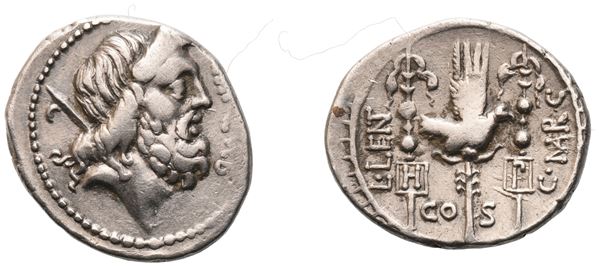 Cn. Nerius, L. Lentulus, Claudius Marcellus, Denarius, 49 BC; AR ( 3,85 g; 19,1 mm; 10 h)