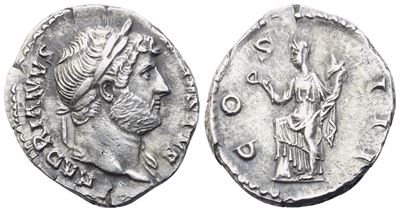 Hadrian (117–138), Denario romano, Dritto con testa laureata a destra; Rovescio Abundantia in pie...
