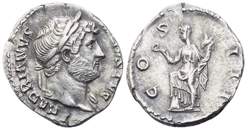 Hadrian (117–138), Denario romano, Dritto con testa laureata a destra; Rovescio Abundantia in pie...