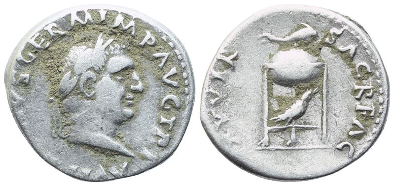 Vitellio, Denario romano con raffigurazione di delfino su tripode (69 d.C.)