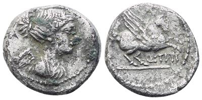 Tito Tizio (Q. Titius), Quinario Romano, busto di Vittoria e Pegaso